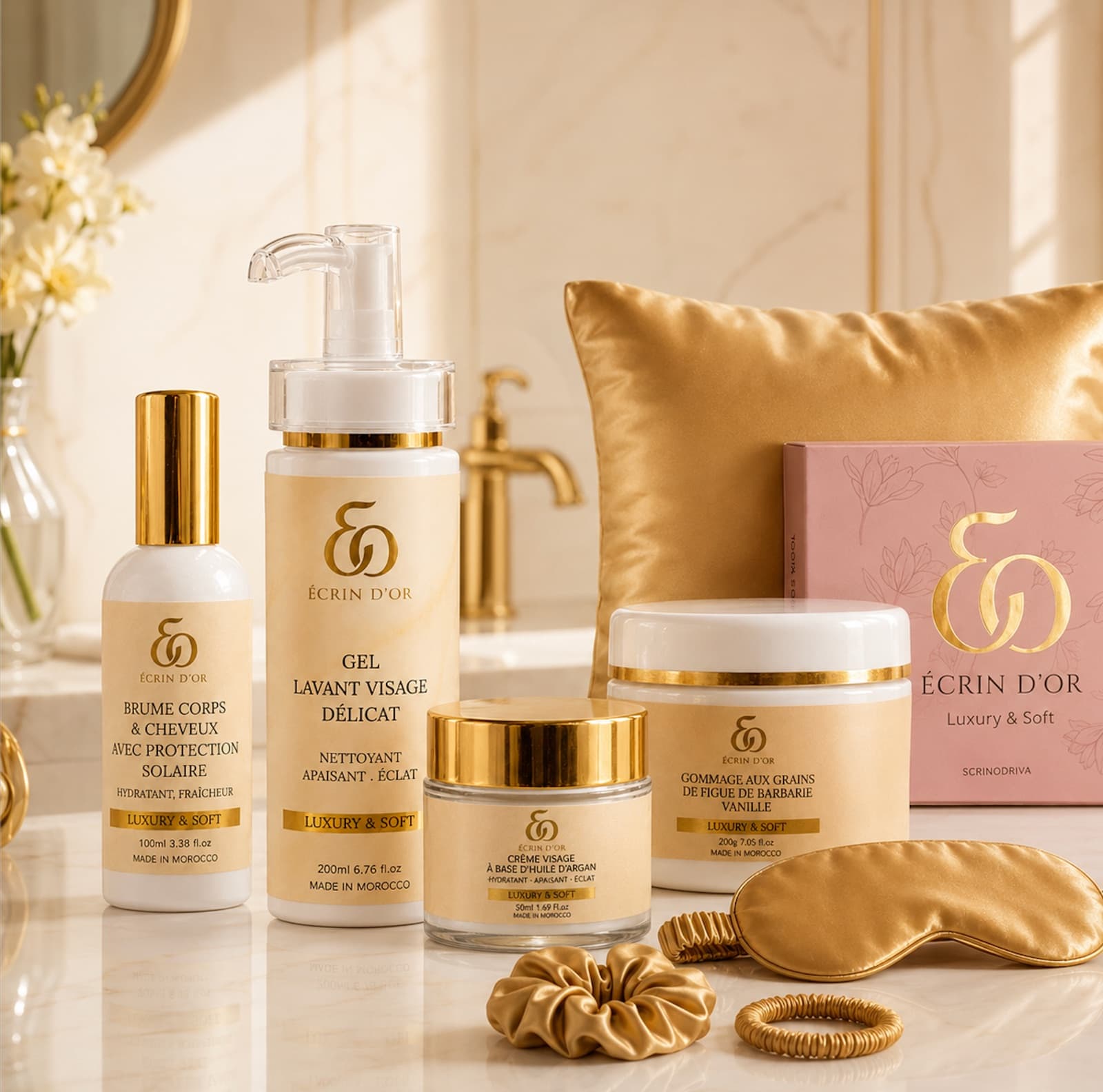 Coffret Rituel Complet Écrin d’Or avec quatre soins et accessoires en soie